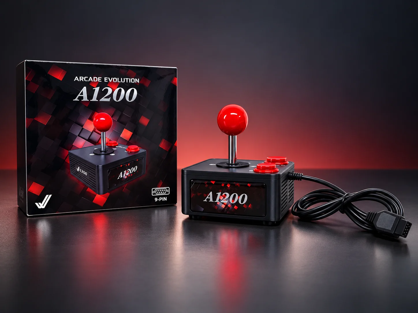 Arcade Evolution A1200 joystick alongside its retail packaging