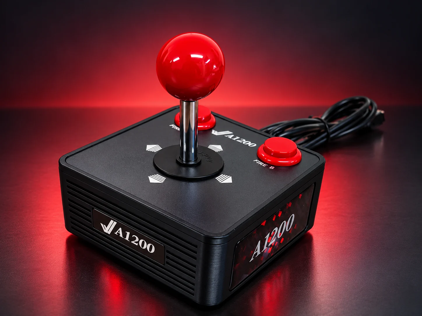 A1200 joystick photographed against a dramatic red studio background